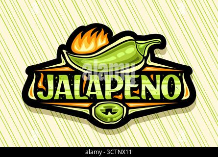 Vector logo for Jalapeno, horizontal decorative poster with cartoon design cooking burning jalapeno pepper, dark sticker with unique brush lettering f Stock Vector