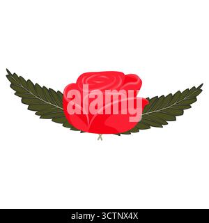 A red rose head with two leaves on each side. Vector illustration on a white background. Stock Vector