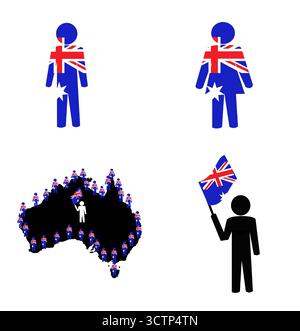 australian australia map flag set icons civilians holding flag unique Stock Vector