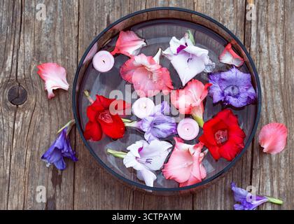 Colorful gladiolus flowers floating in a bowl of water with small candles, creating a vibrant and serene floral decoration. Stock Photo