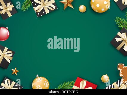 Luxury green and gold greeting card christmas gift frame background. Stock Vector