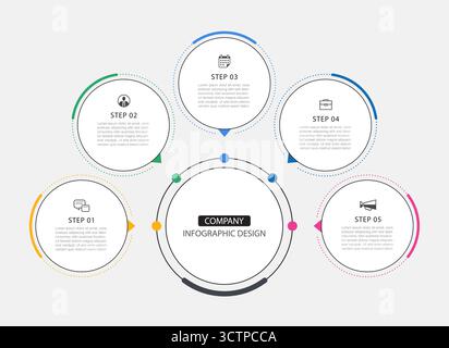 Modern circular business infographic with 5 data colorful process steps. Stock Vector