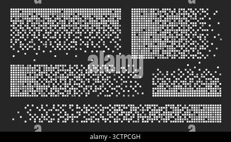 Cube pixel pattern set with white geometric dispersal effects, digital dissolution and data fragmentation for tech designs. Matrix grid backgrounds with scattered blocks. Glitch art transitions Stock Vector