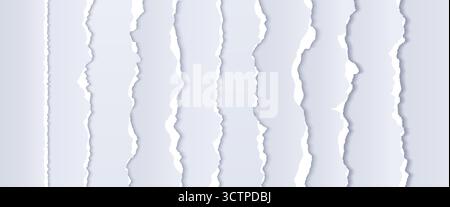 Paper rip tear strips with rough edges and vertical patterns for creative design. White torn sheets with jagged borders and soft shadows. Background texture for collage or scrapbooking projects. Stock Vector