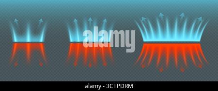 Hot and cold air flow signs set isolated on transparent background. Vector realistic illustration of neon red and blue airflow icons, conditioner stream mode symbols, cooling and heating technology Stock Vector