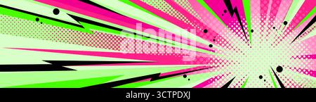 Dynamic anime style comic burst with pink and green rays, halftone dots and black speed lines for manga action. Explosive radial pattern with flashes and gradient effects for superhero panels. Stock Vector