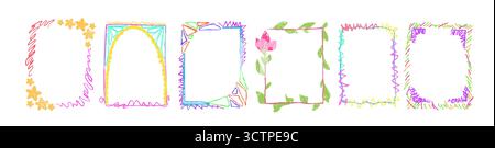 Colorful kid drawn frame borders with crayon star shapes, flowers and scribbles for children art decoration. Rainbow rectangles with leaves, stars and geometric patterns, playful craft school project Stock Vector