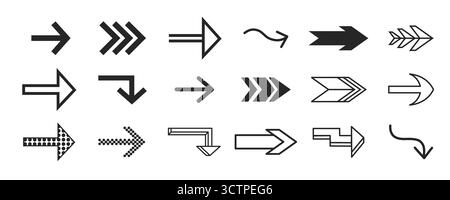 Narrow arrow sign set with directional pointers for navigation and interface design. Black geometric symbols with outlined shapes and dotted patterns. Modern ui elements for web or app guidance Stock Vector