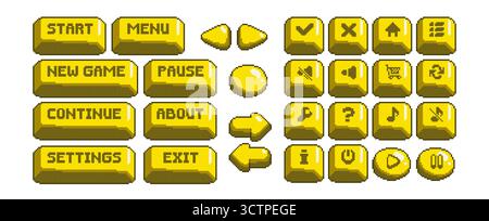 Yellow pixel game button set with start, menu, pause and navigation controls for interface. Retro 8 bit style icons with arrows and sound, settings and exit options. Digital arcade UI elements. Stock Vector