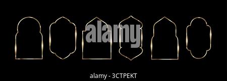 Golden frame collection for Ramadan with Islamic arch and mosque window shapes. Ornamental metallic borders with traditional Arabic patterns on black bg. Decorative elements for Eid celebrations. Stock Vector