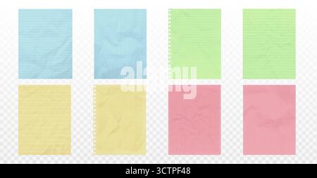 Colorful paper notebook with grid set - blue and green, yellow and pink sheets for school or office. Lined and squared pages with spiral binding for notes. Pastel stationery for writing or planning. Stock Vector