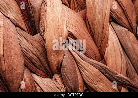 Macro photo of intertwined natural fibers with braided pattern. The texture shows rough and earthy tones of brown. Giving a rustic look often used Stock Photo
