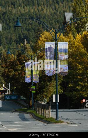 Colorful 50th Anniversary banners hang along the village in Whistler
