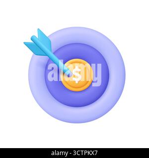 Purple target with an arrow hitting a gold coin with dollar sign at the bullseye. Financial goals, investment success and business achievement concept Stock Vector