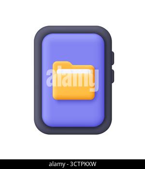 Purple smartphone with yellow folder on the black screen. Data storage, file management, document sharing and digital organization concept. 3d vector Stock Vector