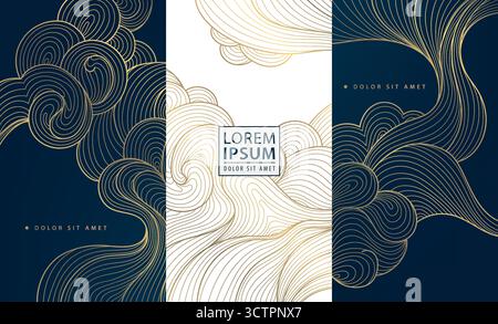 Vector elegant Asian inspired vector pattern with gold waves, clouds, geometric shapes blending traditional Japanese and Chinese line style. Perfect Stock Vector