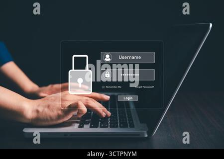User accesses secure internet system through advanced high technology, username, password, ensuring encryption, strong cybersecurity for information s Stock Photo