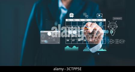 Businessman using AI technology for calendar scheduling, workflow automation and data management. Artificial intelligence solutions for smart producti Stock Photo