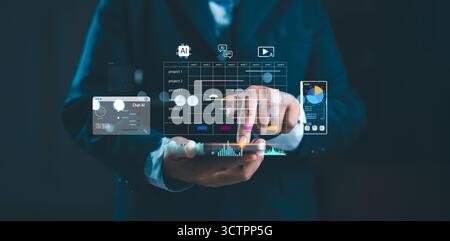 Businesswoman using AI technology on smartphone for project management, workflow automation and data visualization. Artificial intelligence solutions Stock Photo