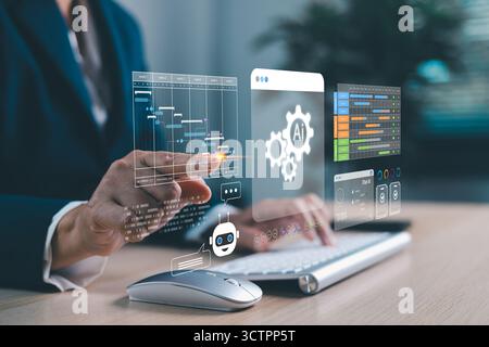 Businesswoman using AI virtual interface with touchscreen for project management, workflow automation and data analytics. Modern artificial intelligen Stock Photo