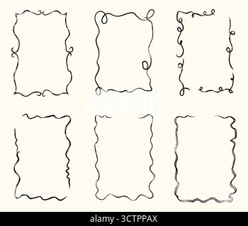 Whimsical hand drawn wavy frames and borders in playful doodle sketch style with crayon texture, imperfect freehand lines for decorative design. Flat Stock Vector