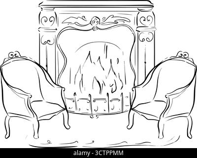 Vintage fireplace with two elegant armchairs. Vector line art illustration in quick whimsical sketch style. Perfect for nostalgic literature themes Stock Vector
