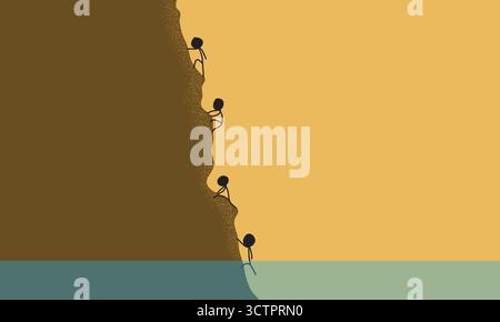 Hand-Drawn Stick Figure Illustration of a Group of People Climbing a Cliff Together Stock Vector