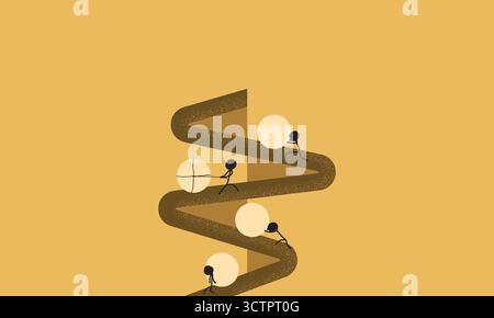 Minimalist Illustration of a Group of People Pushing a Large Ball in Their Own Way. Symbolizes Various Efforts and Means for the Same Goal Stock Vector