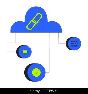 Cloud network with blockchain and data components 2D cartoon object Stock Vector