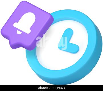 Blue round clock paired with purple speech bubble featuring bell symbol representing time management, alerts, reminders, schedules, punctuality, notif Stock Vector