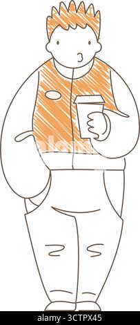 Minimalist line art of a contemplative man holding a coffee cup with one hand in pocket. Thin lines and light orange accents create a calm mood of cas Stock Vector