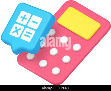 Pink calculator with yellow screen and white buttons paired with blue icon showing math symbols including plus, minus, multiply, and equal. 3d icon re Stock Vector