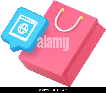 Shopping bag and speech bubble icon with globe and browser symbol, representing online store, internet commerce, ecommerce, connection, global shoppin Stock Vector