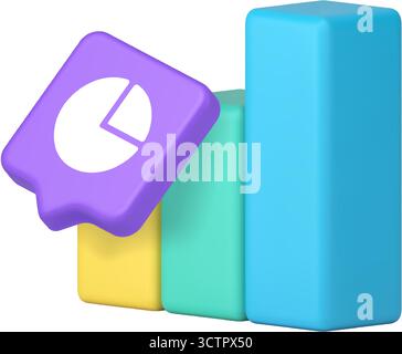 Colorful vertical bar chart combined with purple speech bubble containing white pie chart icon symbolizing data visualization, analytics, reporting, s Stock Vector