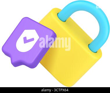 Yellow lock paired with purple speech bubble featuring shield symbolizing protection, safety, privacy, trust and secure access. Perfect for websites a Stock Vector