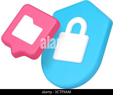 Blue shield with white lock symbol and pink bubble folder icon representing privacy, protection, data, secure storage, access control. 3d icon realist Stock Vector