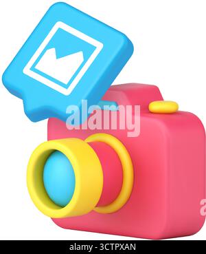 Camera symbol with photo frame in bubble for gallery, media, picture, photography, snapshot, image, content, capture, portfolio, UI, digital app. 3d i Stock Vector