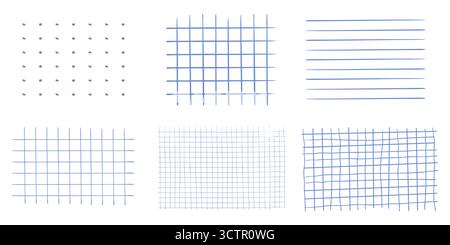 Graph crayon blue hand drawn textured set square grid set for note, geometric line texture. Collection Crayon or pencil stripes, dots for bullet journal pages. Vector illustration Stock Vector