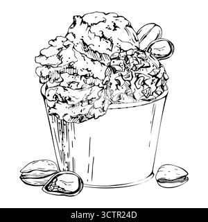 Scoop of gelato ice cream in plain takeaway paper cup with crushed pistachio nuts topping. Vector graphic illustration hand drawn in pen and ink Stock Vector