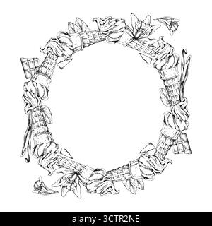 Soft serve in waffle cone with chocolate chips, mint leaves, vanilla flowers and seed pods hand drawn in ink. Vector graphic wreath frame line Stock Vector