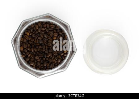 A jar of coffee beans on a white background, top view Stock Photo