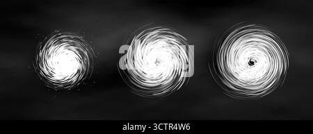 Vortex spiral swirl set, hurricane typhoon storm icons. Abstract circular energy motion. Space galaxy black hole concept. Weather news graphic design Stock Vector