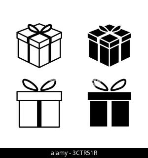 Vector illustration of present gift box icons in 3D and flat styles. Includes outlined and filled Christmas present boxes with ribbon bows. Stock Vector