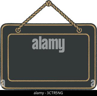 Vintage hanging rectangular chalkboard sign with rope hanger, dark writing surface, and thin decorative border. Stock Vector