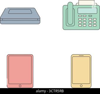 A compact panel of modern equipment featuring a tabletop scanner a keypad telephone and two touchscreen tablets of different sizes Stock Vector