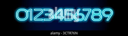 Neon numbers 0,1,2,3,4,5,6,7,8,9. Glowing blue tube digits for cyber monday sale discount price offer promo, techno displays, nightlife, countdowns Stock Vector