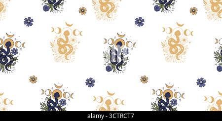 Repeating Seamless pattern with Mystical Snakes, moon phases, flowers, and celestial symbols in gold and blue tones on white background. Textured Hand Stock Vector