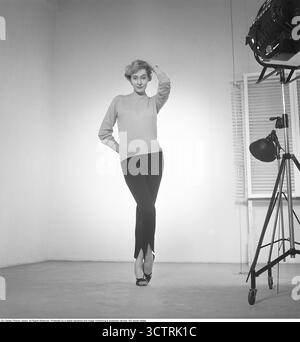 1950s Women’s Fashion. A young fashion model showcases a long-sleeved knitted jumper paired with dark trousers featuring a subtle ankle slit. During the 1950s, women’s fashion began to embrace more practical and tailored silhouettes, reflecting post-war modernity and a growing interest in everyday elegance. Knitted jumpers became wardrobe staples — warm, versatile, and stylish.The ankle slit detail added a touch of refinement and ease of movement, subtly echoing the era’s fascination with clean lines and understated flair.  1954     Kristoffersson ref. BO33-1. Stock Photo
