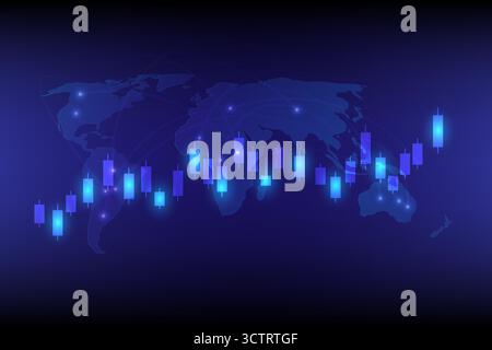 Abstract illustration of financial candlestick chart with world map background symbolizing global markets, vector illustration Stock Vector