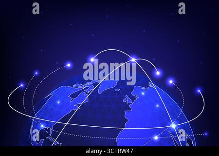 Futuristic illustration of global communication and data exchange with glowing lines on Earth, vector illustration Stock Vector
